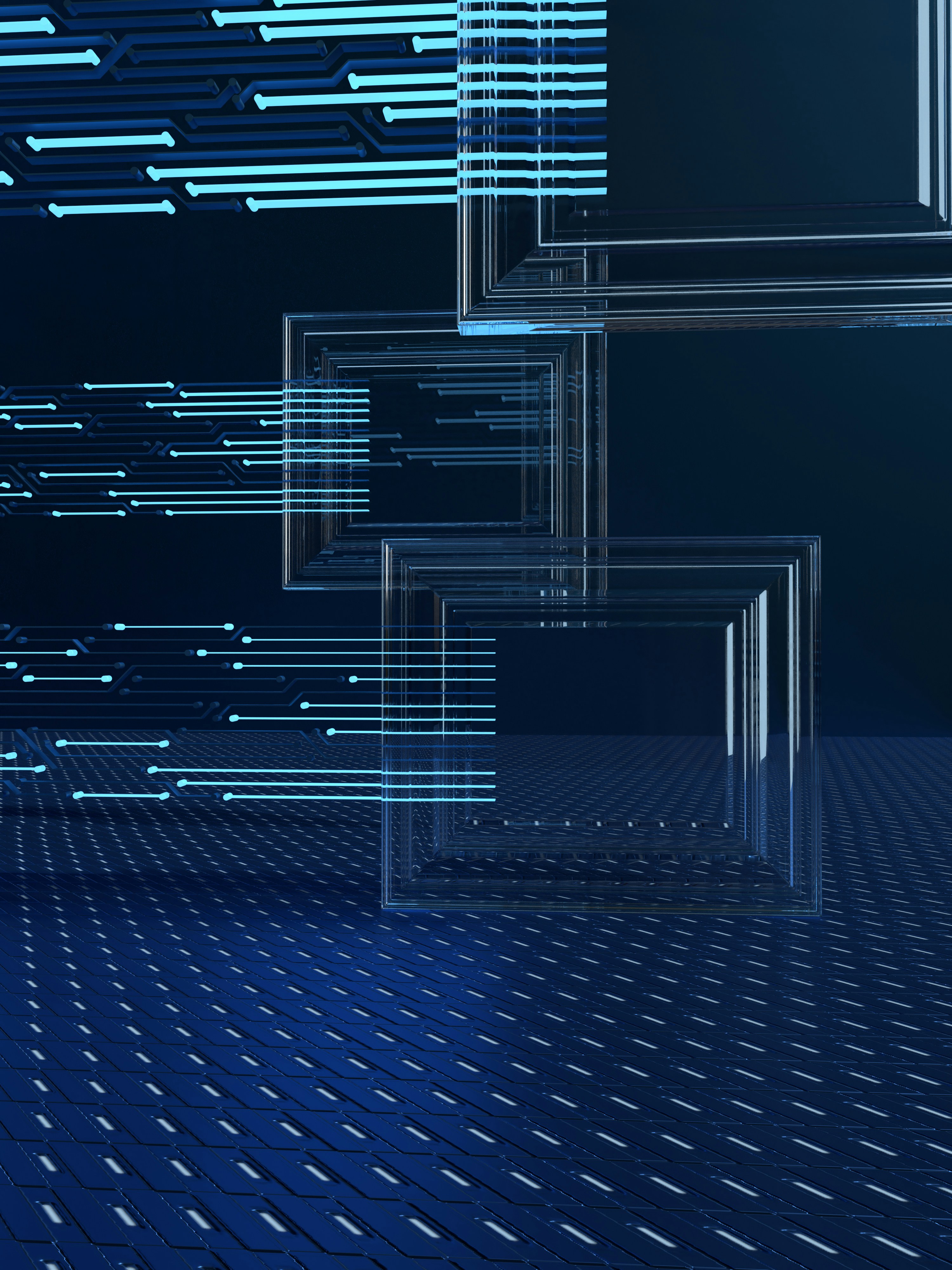 Abstract digital graphic showing transparent rectangular frames and glowing circuit-like lines on a dark blue background